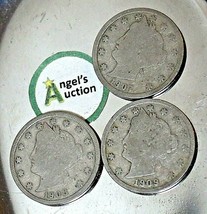 Liberty Head Nickel Five-Cent V Pieces 1907, 1908 and 1909 AA20-CNN2150 Antique - £55.90 GBP