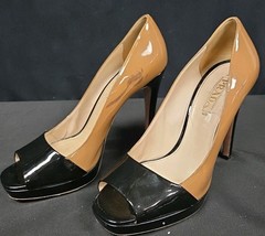 PRADA Cammeo Vernice Bicolor Black Brown Patent Peep Toe Pumps Size 39 U... - $184.95