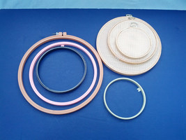 Vintage embroidery hoop mixed lot plastic metal and wood with woven centers - £15.49 GBP