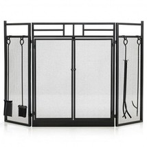 3-Panel Folding Wrought Iron Fireplace Screen with Doors and 4 Pieces Tools Set- - £206.22 GBP