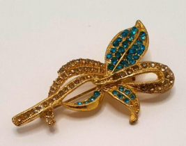 Gold-Tone Blue and Clear Rhinestones Brooch/Pin Vintage - £11.44 GBP