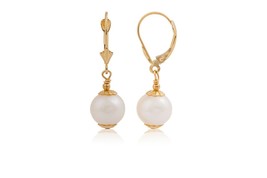 14K Solid Yellow Gold Genuine Pearl Ball Lever back Dangle Earrings - £232.84 GBP