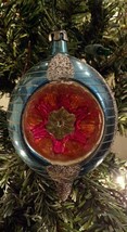 Christmas Glass Tear Drop Blue White w/Orange Pink Indent Design Ornament Poland - £19.74 GBP