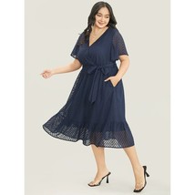 Bloomchic Plain Geometric Pocket Mesh Ruffle Sleeve Belted Wrap Dress Blue 10 - £19.23 GBP