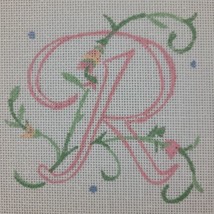 Needlepoint Canvas R Monogram Floral Scrollwork Cursive Pink Scroll 18 C... - $12.95