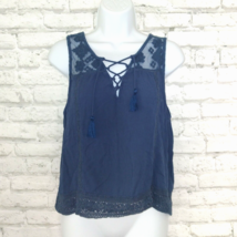 Aeropostale Blouse Women Small Blue Sleeveless Lace Up V Neck Embroidered Boho - £12.78 GBP