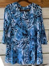 Ava &amp; Grace Top Wm. Sz L Abstract Turquoise Blues stretch flowy shirt 3/... - £19.19 GBP