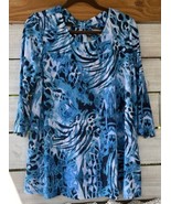 Ava &amp; Grace Top Wm. Sz L Abstract Turquoise Blues stretch flowy shirt 3/... - $33.46 CAD