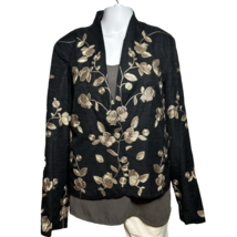 August Silk Jacket Women&#39;s Large Black Textured Satin Embroidered Floral Classic - £19.64 GBP