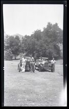 BLACK &amp; WHITE NEGATIVE * 4 man with 2 old cars in front of bunch trees - $9.85