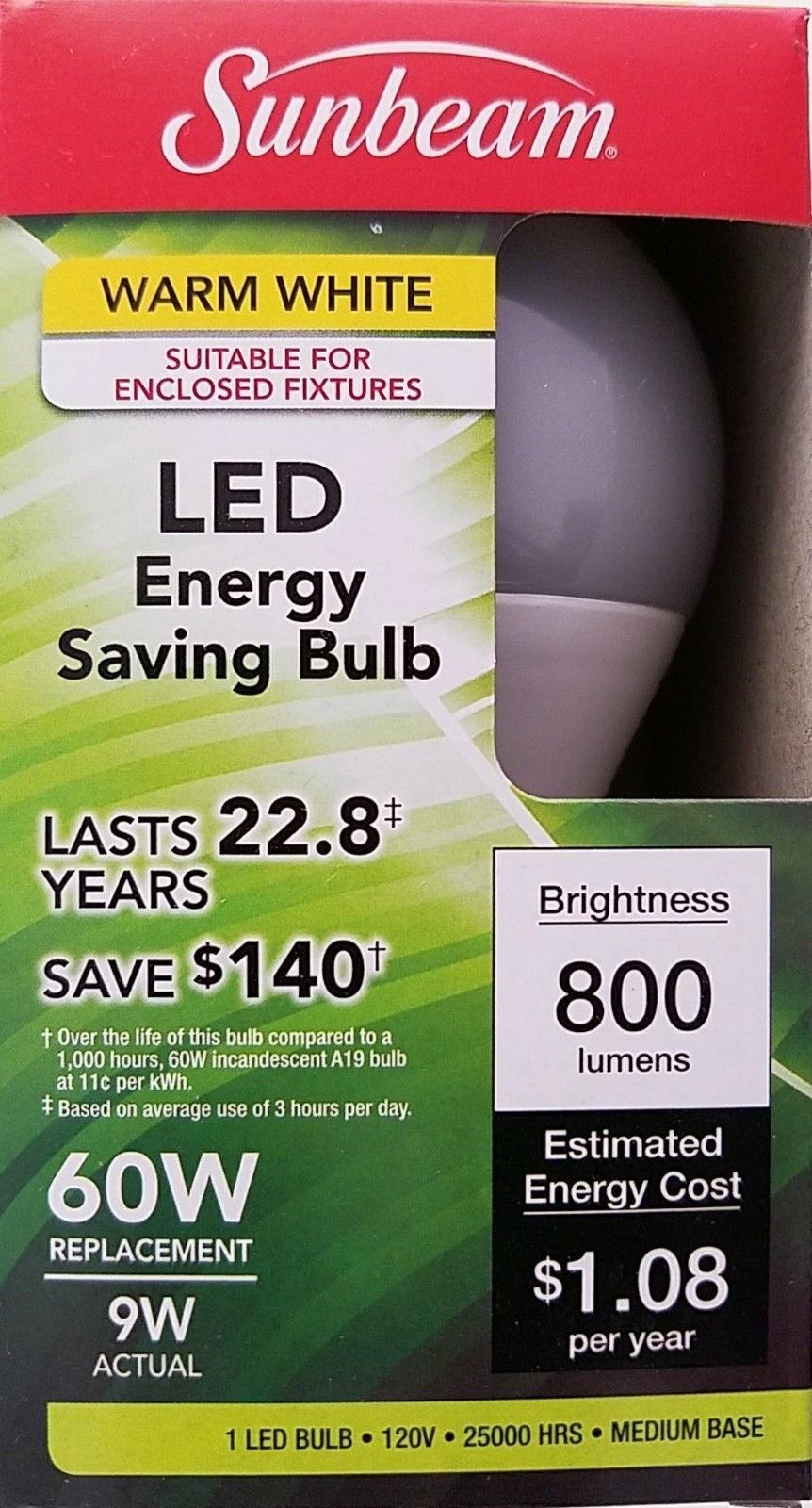Sunbeam A-19 9W LED Warm White Light Bulb 22.8 Year Life 1/Pk - $2.96