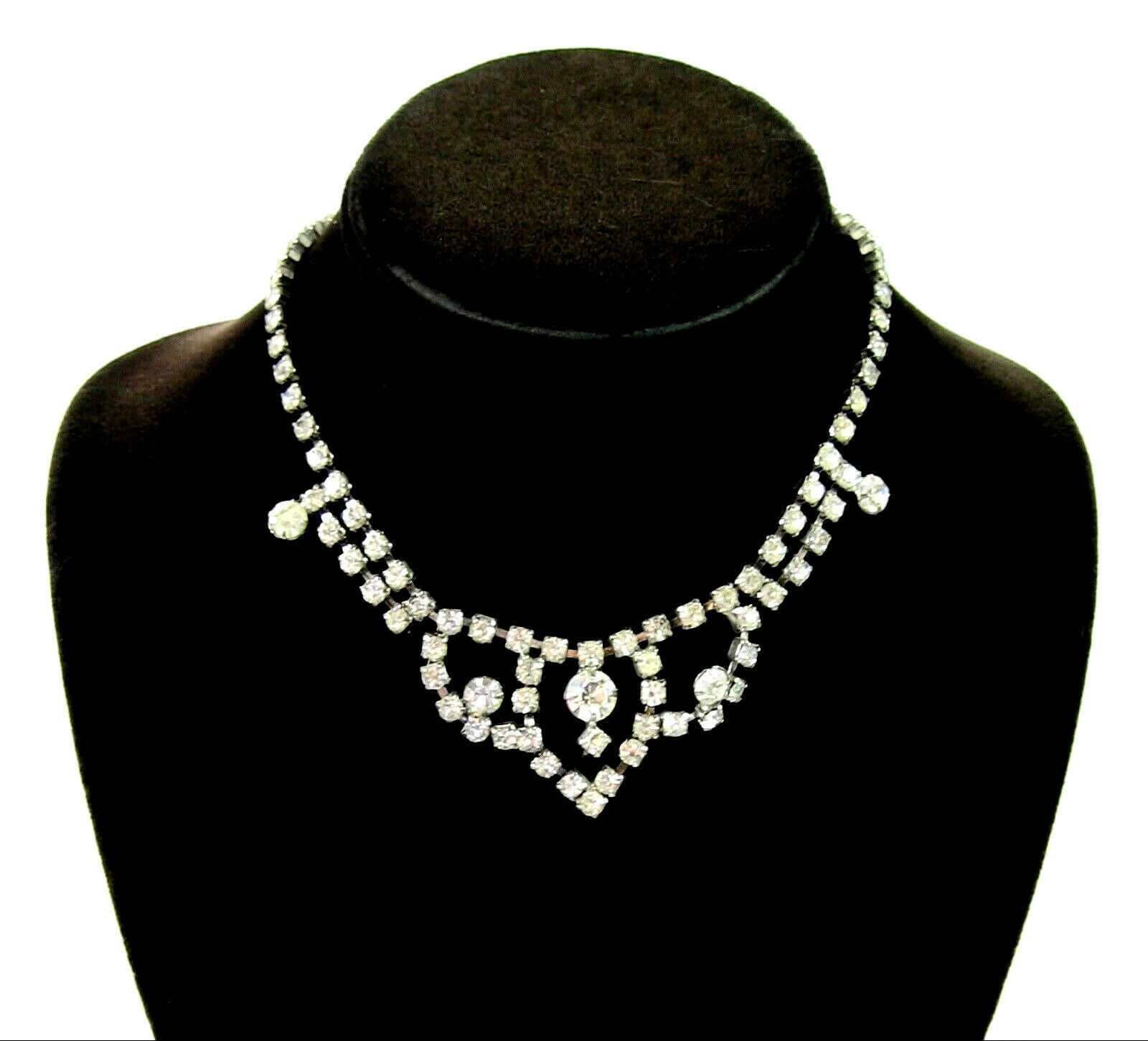 Primary image for Rhinestone Choker NECKLACE Vintage Clear Chaton Round Front Silvertone 14.5"