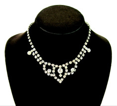 Rhinestone Choker NECKLACE Vintage Clear Chaton Round Front Silvertone 14.5&quot; - £13.41 GBP