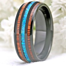 Handmade Black Tungsten Wedding Ring with Hawaii Koa Wood and Opal Stone Domed B - £30.01 GBP