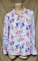 M- White Pink &amp; Blue Floral Button Up Shirt w/Ruffles Keyhole Tie Neck - £13.04 GBP
