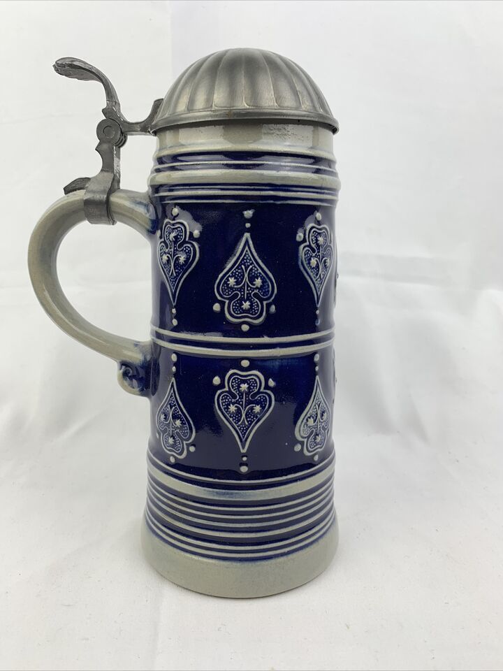 Original Gerzit Gerz German Beer Stein Pewter Lidded Cobalt Blue Spades ... - $77.49