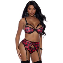 Buffalo Plaid Bra Set Lace Trim Underwire Cups Garter Belt Panty Red Black 30079 - £28.55 GBP