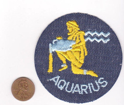 Vtg AQUARIUS Patch-Denim-Blue-Fish Water-Circle-Hippy - £7.57 GBP