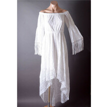 White Wedding Fringe Long Sleeve Lace Off Shoulder Boho Asymmetrical Dre... - $95.99 CAD