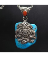 Halskette mit Anhänger Drache, Elefant aus 925 Sterling Silber Türkis - $2,359.56 MXN