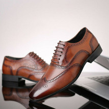 Handmade Men&#39;s Leather Brown Burnished Brogues Toe Oxford Lace Up Men Shoes-198 - £175.49 GBP