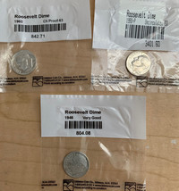 Roosevelt Dimes Set of 3 (1946, 1960, 1990) Certified in Sealed Bag - $9.90