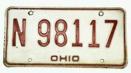 Vintage Ohio License Plate White &amp; Red Car Tag N 98117 1970&#39;s/1980&#39;s - $16.32