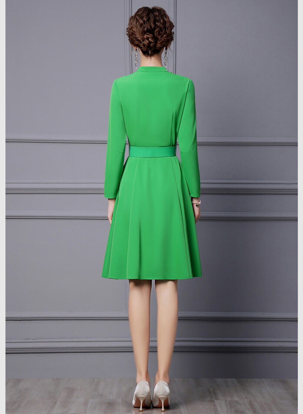 Kate Middleton Inspired Green Belted High Neck Zip Front Fit-&-Flare Coat Dress Item image 4