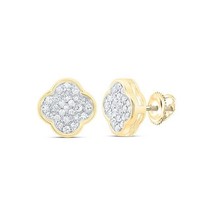 Diamond Round Stud Clover Earrings 10k Yellow Gold Screw Back - $244.53