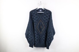 Vtg 90s Streetwear Womens XL Leather Trim Diamond Ribbed Knit Crewneck S... - £46.76 GBP