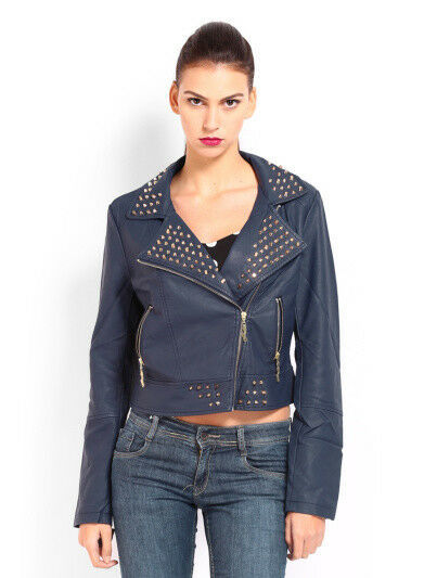 Women's Blue Color Genuine Leather Biker Cropped Golden Studded Slim Fit Jacket