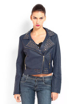 Women&#39;s Blue Color Genuine Leather Biker Cropped Golden Studded Slim Fit Jacket - $176.39