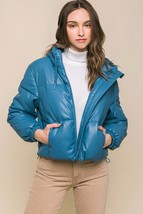Pu Faux Leather Zipper Hooded Puffer Jacket - $45.00