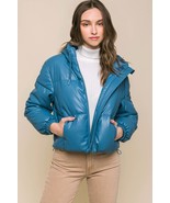 Pu Faux Leather Zipper Hooded Puffer Jacket - $61.54 CAD
