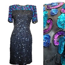 Vintage 80s Sequins Black Cocktail Dress Knee Length Silk Sparkle Statement 6 - £67.23 GBP