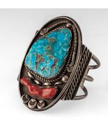 Extra Large Morenci Turquoise &amp; Coral Wide Cuff Sterling Bracelet 90mm - €2.121,18 EUR