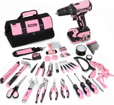 Shall 247Pcs 20V Cordless Drill Driver &amp; Household Tool Kit For Women, Pink - £96.42 GBP