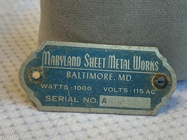 Vtg Maryland Sheet Metal Works Baltimore MD Company Equipment Tag # A 16... - £23.64 GBP