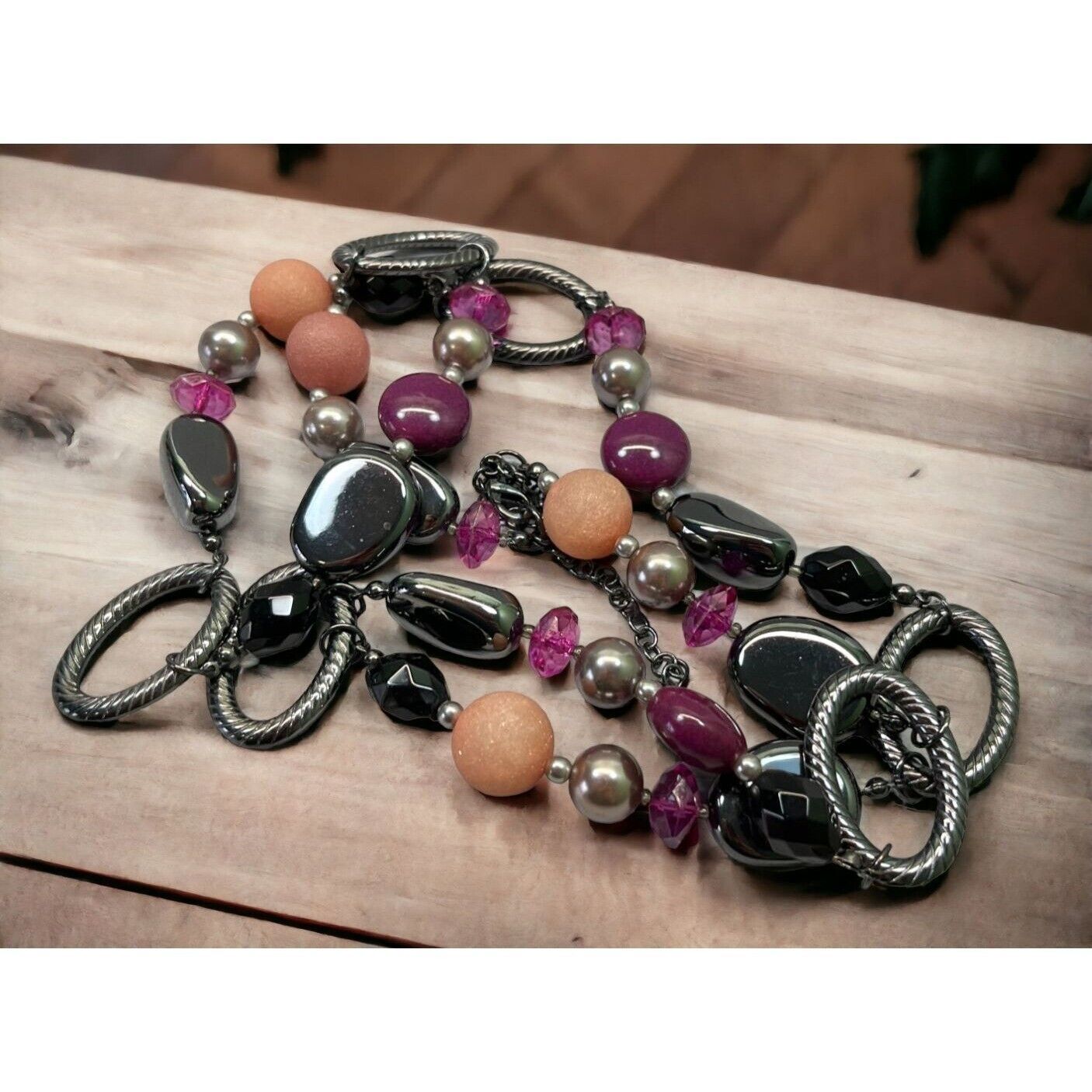 Premier Designs Beaded Necklace Chunky Mixed Media Purple Black Glossy 32 Inch - $18.98