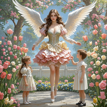 Art Giclee Printed Oil Painting Angel Wings Girl Sexy Low cut Skirt Flowers #021 - £7.47 GBP+