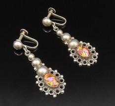 925 Silver - Vintage Open Twisted Rope Beaded Opal Screw Back Earrings -... - $37.68