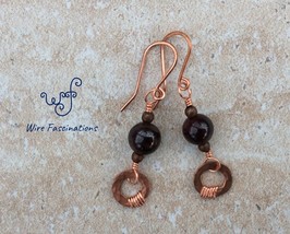 Handmade garnet earrings: wire wrapped hammered copper ring dangle - £19.98 GBP