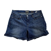 Vintage America Short Shorts Denim Blue Jeans Mid Rise Factory Distressed 14 u - £17.78 GBP