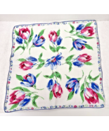 Vintage Hankie Pink and Blue Spring Tulips w Tiny Floral Edge  13.5 Inch - $9.89