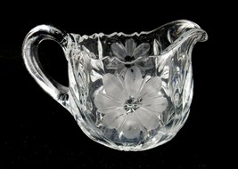 Pressed Glass Cream Pitcher, Etched Floral Pattern, Sawtooth Rim, EAPG - £10.14 GBP