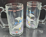 2 Libbey Country Geese Pink Heart Stein Mugs Set Vintage Clear Blue Ribb... - $33.63