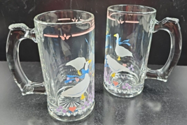 2 Libbey Country Geese Pink Heart Stein Mugs Set Vintage Clear Blue Ribbons Lot - $33.63
