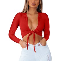 Women&#39;S Sexy Tie Up Crop Top Long Sleeve Deep V Neck Casual Basic T Shirt,X-Smal - £26.61 GBP