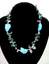 Necklace Vintage Turquoise Stone Abalone Shell Glass Beads Teardrop Genuine 18&quot; - £27.93 GBP