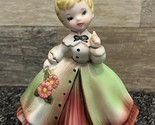 Inarco 5&quot; Ceramic Girl In Petticoat Dress w/ Flowers Bouquet ~ Vintage 1... - $16.44